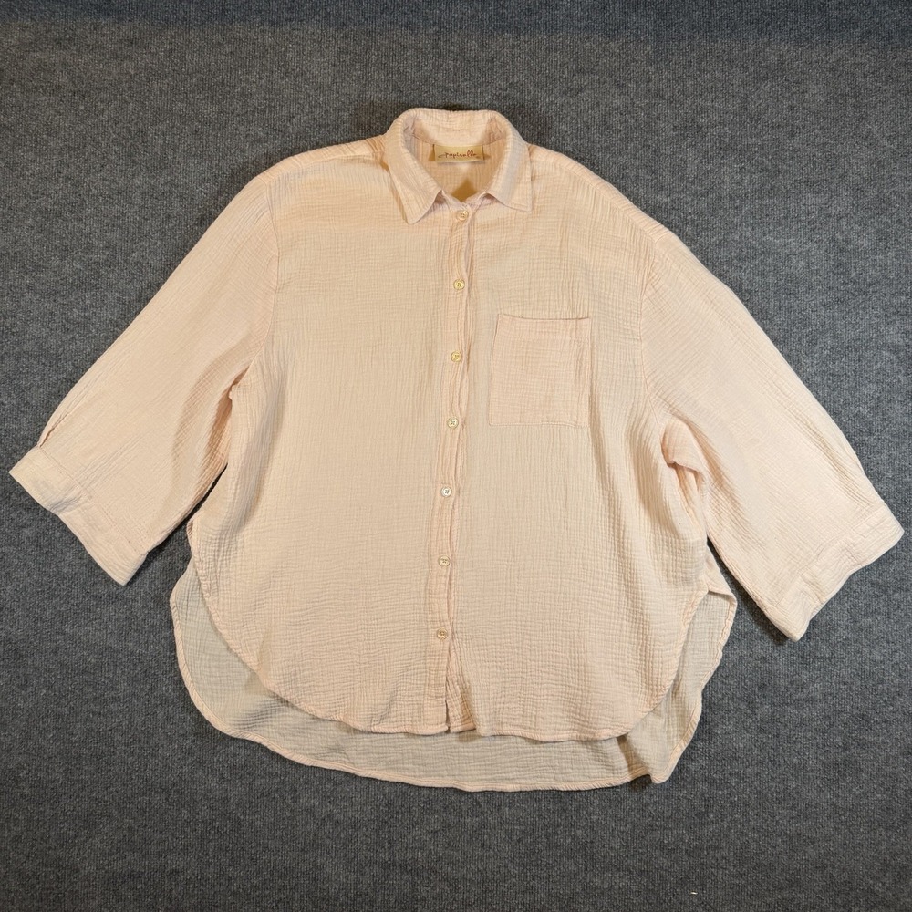 Papinelle Pink Crinkle Gauze 100% Cotton‎ Button Up Lounge Shirt Oversized M